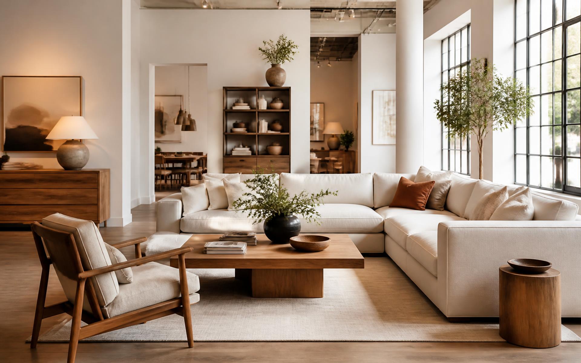 Modern furniture showroom living room with linen sofa and oak accents